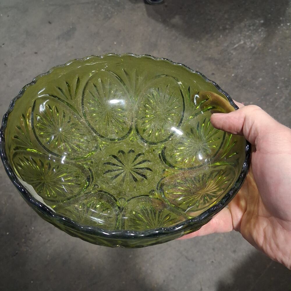 Vintage Avocado Green Glass Bowl Mid Century Starburst Pressed Glass Serving MCM